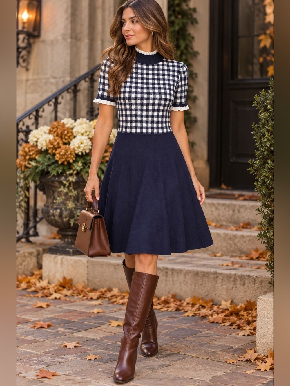 Eliza J Dress L Navy Gingham Fall Preppy Mod Coquette Retro Feminine Chic